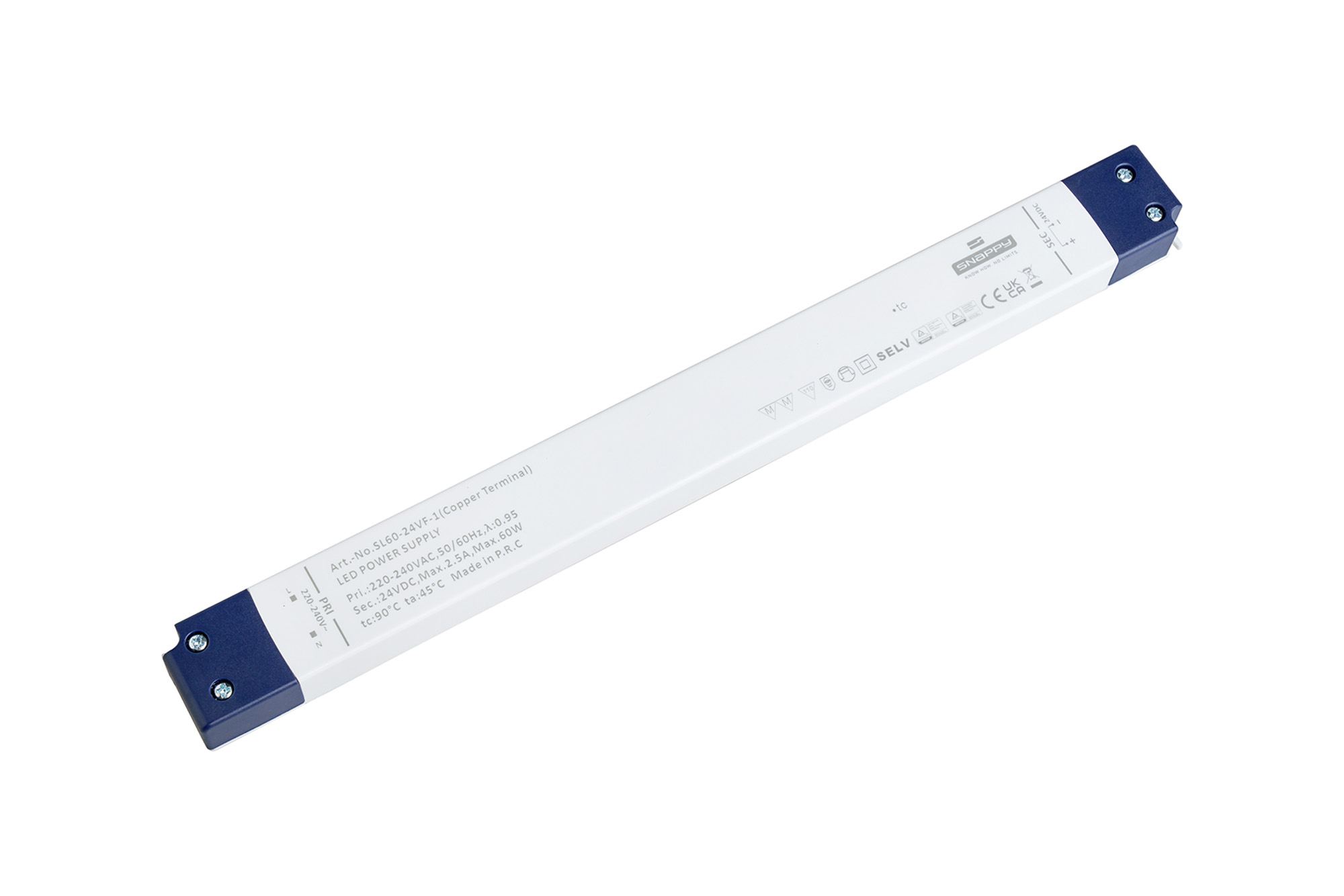 SL60-24VF-1  60W, Constant Voltage Non Dimmable LED Driver, 24VDC, 2.5A, Input 200-240VAC 50/60Hz, IP20.